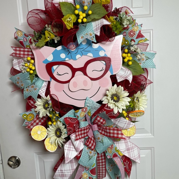Colorful Pig Wreath with Floral Accents